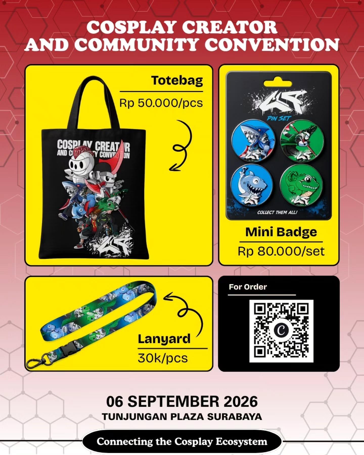 Merchandise resmi C4: totebag, mini badge, dan lanyard