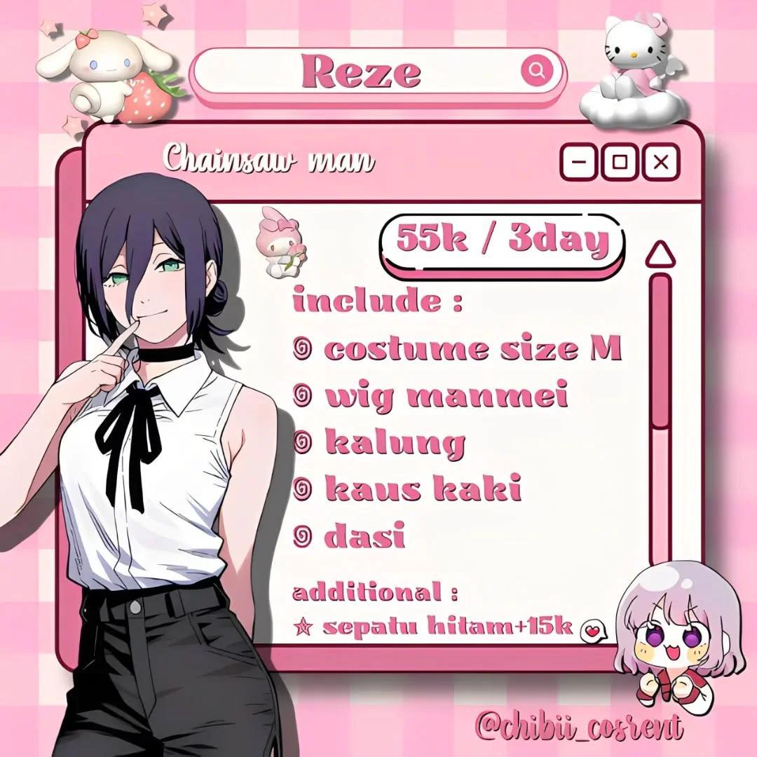 Reze Chainsaw Man - Kostum, Wig, Kalung, Kaus Kaki, Dasi